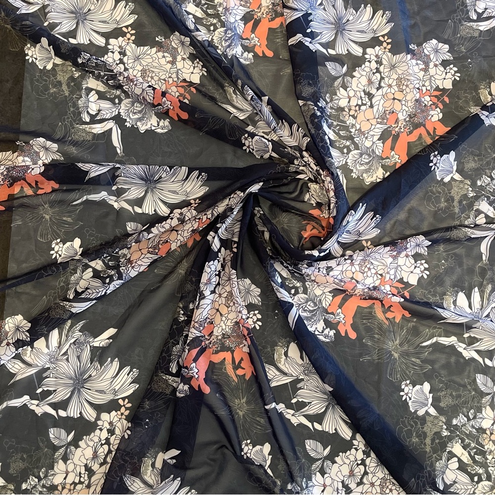 Navy Blue Floral Print Multicolor Sheer Chiffon Fabric